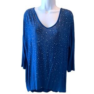 Design History Blue Top With Silver Stud Starburst Scoop Neck Long Sleeve Large